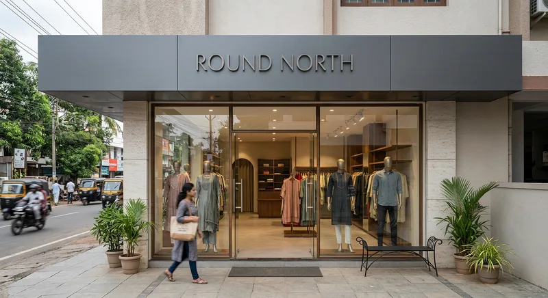 Aluminium and glass shop front for a Round North boutique in Thrissur