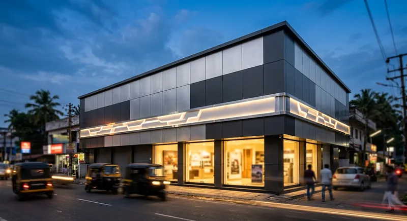 ACP composite panel facade with backlit signage at a Guruvayur showroom