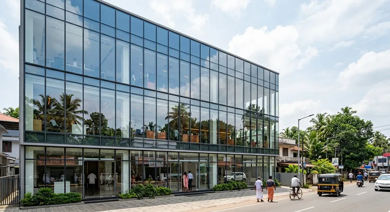 Three storey structural glazing facade at a commercial building in Aranattukara, Thrissur