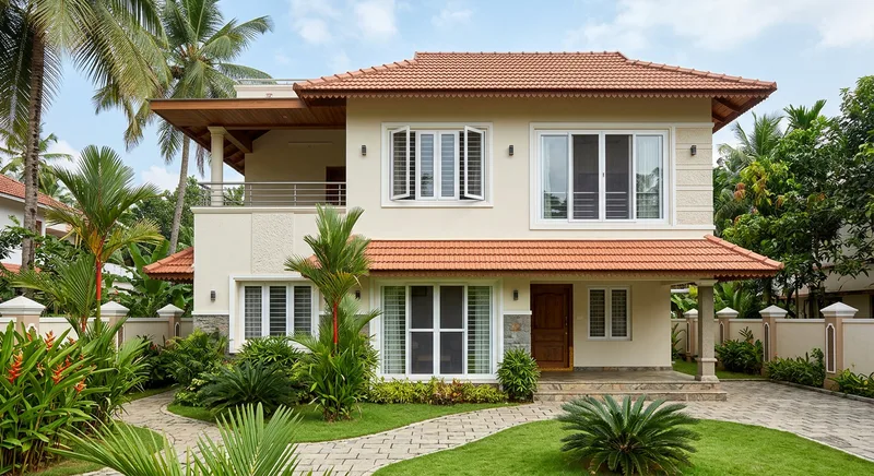 Powder coated white aluminium windows fitted across a Punkunnam villa in Thrissur