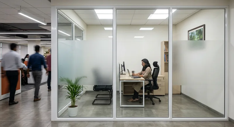 Aluminium and frosted glass partition system in a Thrissur office
