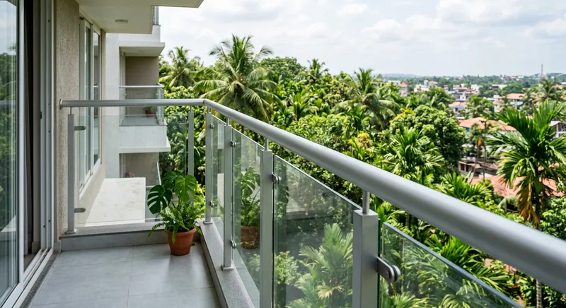 Aluminium balcony railing with glass infill at a Thrissur apartment