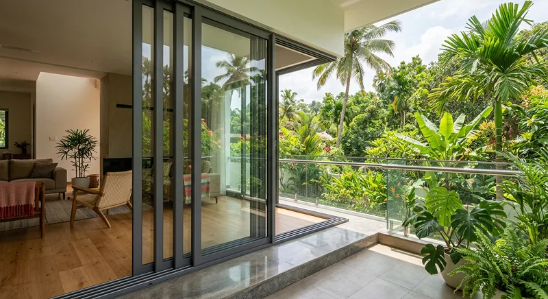 Three track aluminium sliding door at the balcony of a Thrissur villa