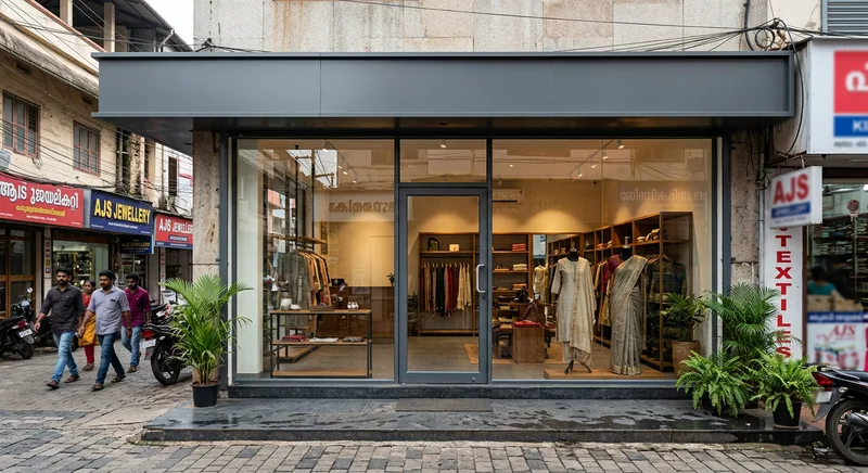 Aluminium and glass storefront at a Thrissur boutique