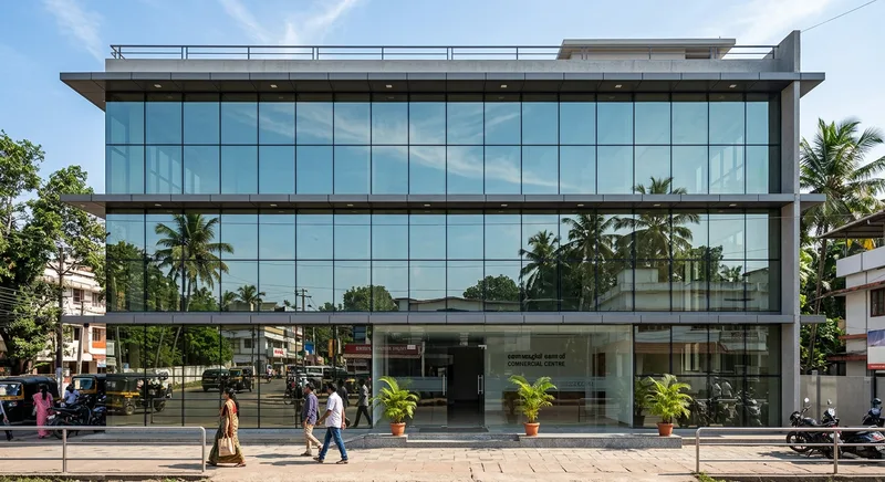 Structural glazing facade on a commercial building in Thrissur